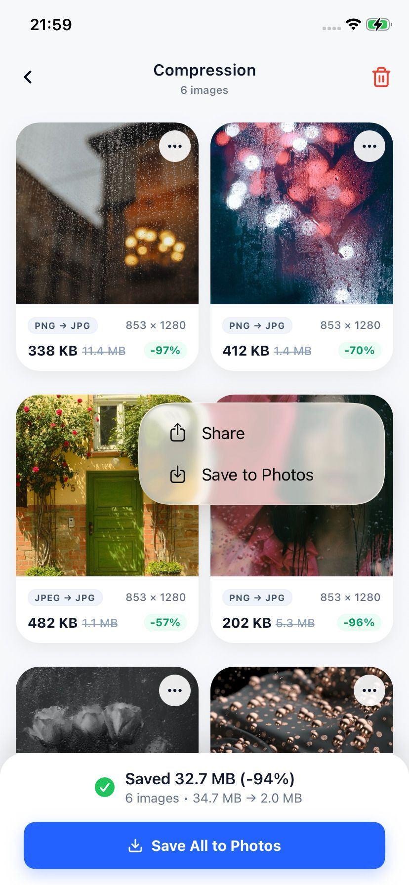 Videos, Photos compression results, show the shrinked media files, saved space details and easy to download and share