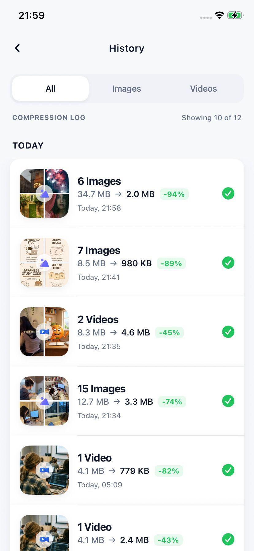 View videos, images, photos compression history, manage media files and saved space